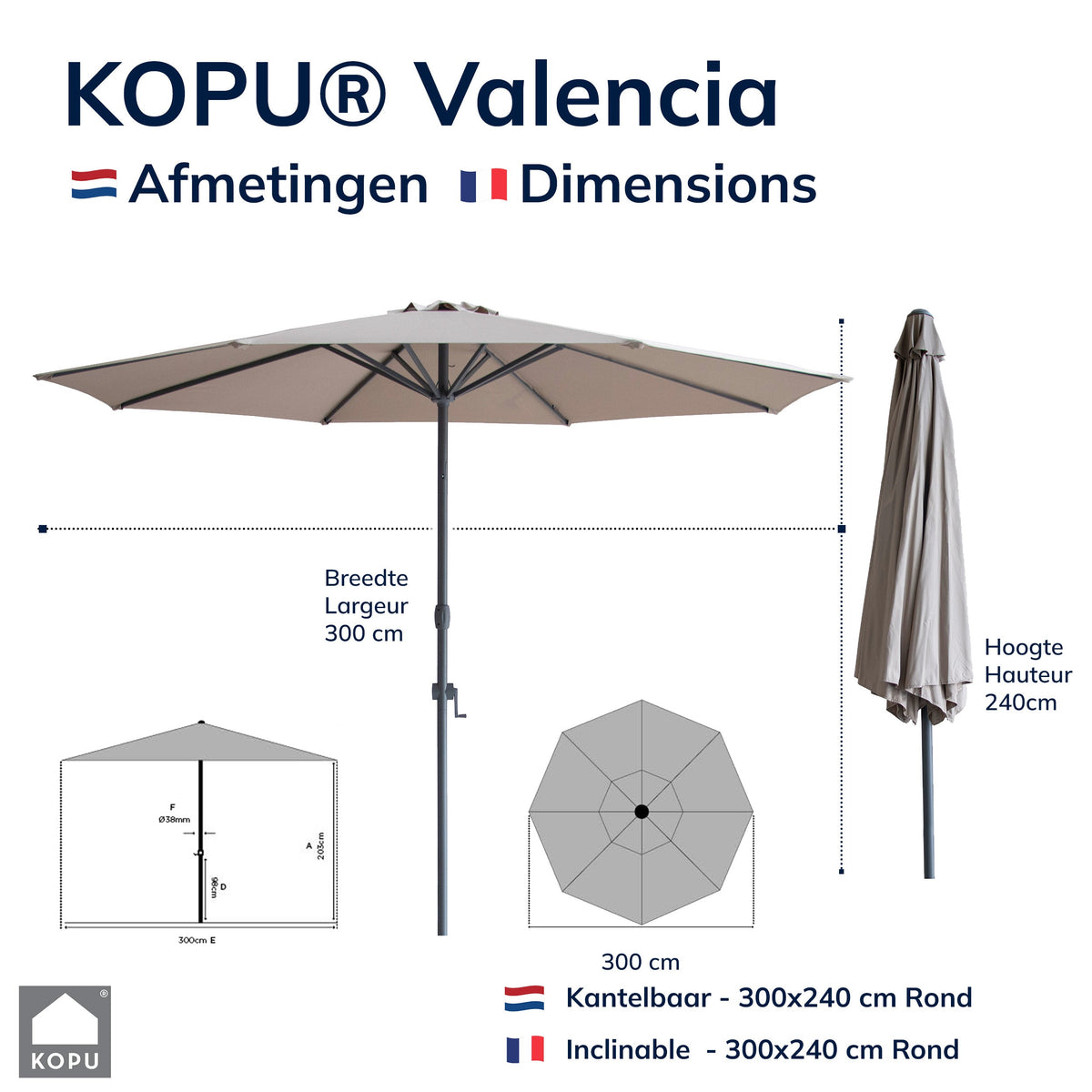 Kopu® Valencia Parasol Rond 300 cm met Beschermhoes - Taupe