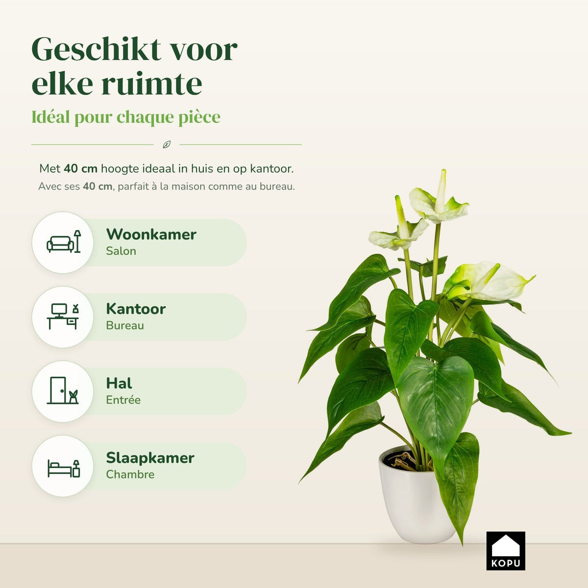 Kopu® 2 stuks Anthurium Wit Kunstplant 40 cm - Flamingoplant Wit