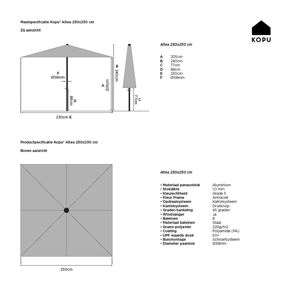 Kopu® Altea Parasolset Vierkant 230x230 cm met Hoes en Voet - Charcoal