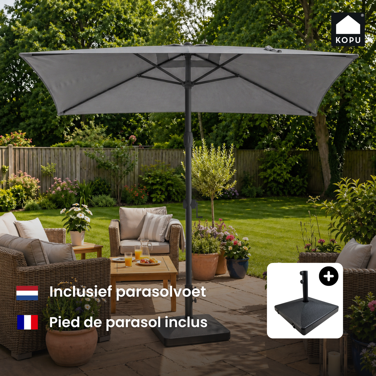 Kopu® Sevilla Parasol Rechthoek 200x300 cm met Hoes en Voet Grijs
