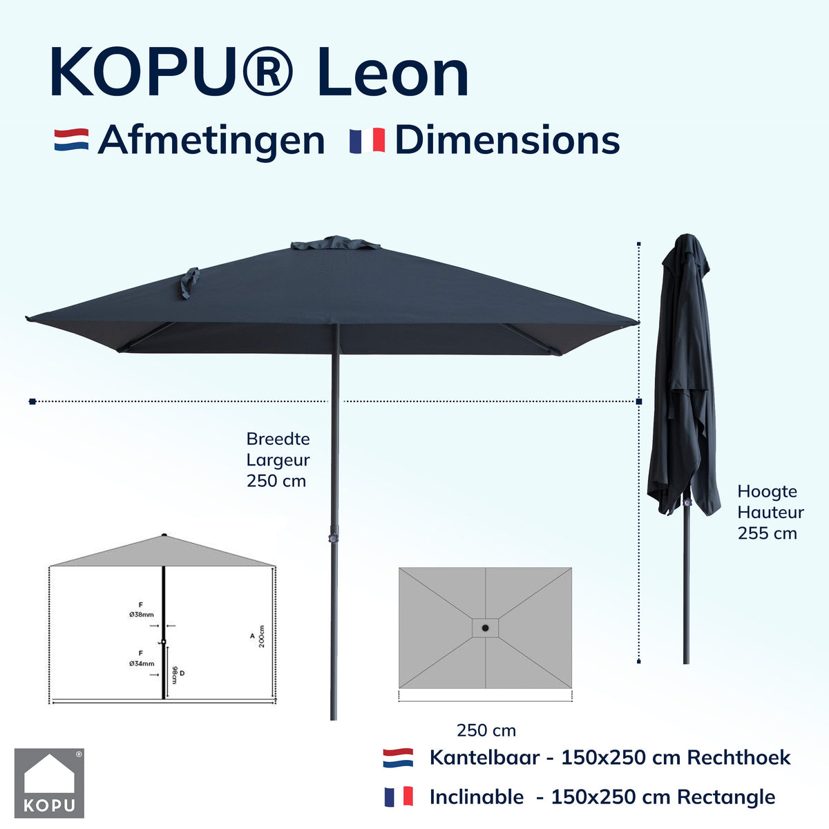 Kopu® Leon Parasol Rechthoek 150x250 cm - Balkonparasol met Hoes - Grijs