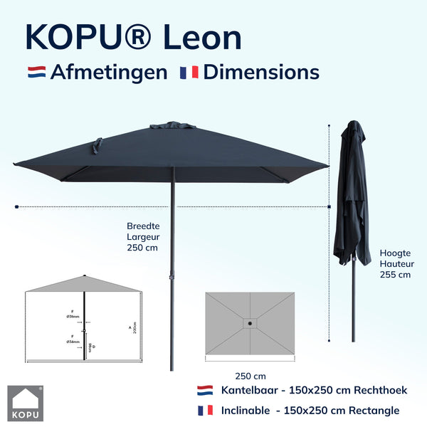 Kopu® Leon Parasol Rechthoek 150x250 cm - Balkonparasol met Hoes - Grijs
