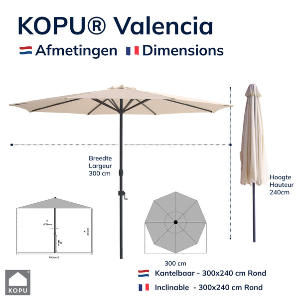 Kopu® Valencia Parasol Rond 300 cm met Beschermhoes en Voet - Creme