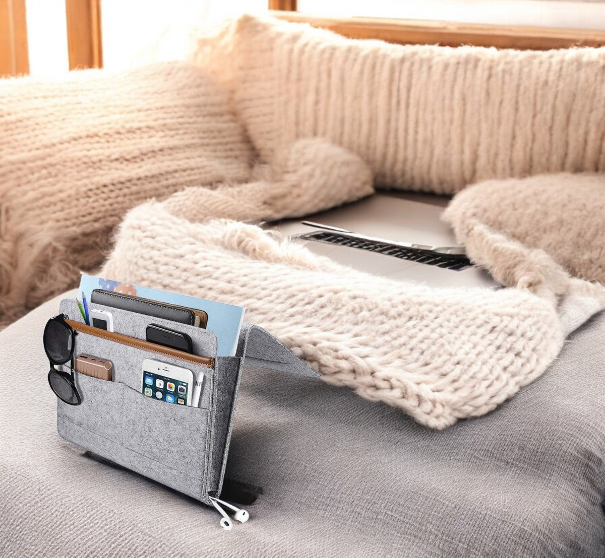 Bedside Pocket - Licht Grijs - Vilten Opbergzak voor Bed of Bank - Bedorganizer