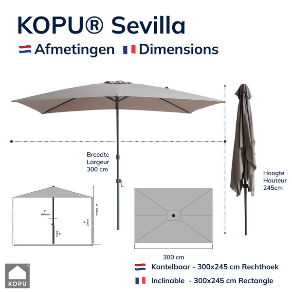 Kopu® Sevilla Parasol Rechthoek 200x300 cm met Hoes en voet - Balkonparasol Taupe