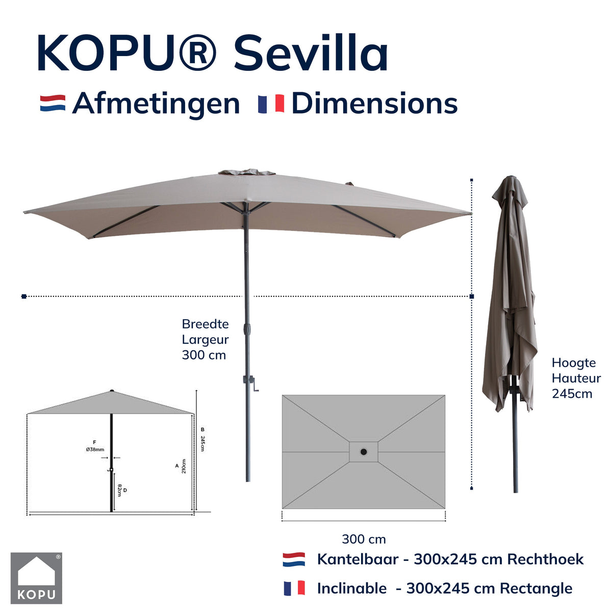 Kopu® Sevilla Parasol Rechthoek 200x300 cm met Hoes - Balkonparasol Taupe