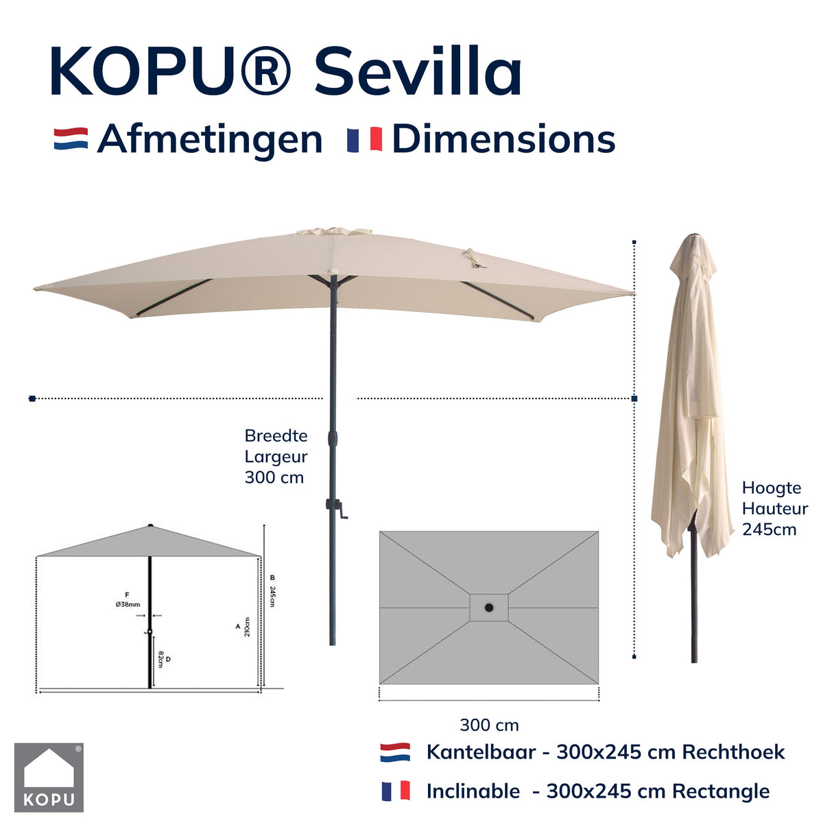 Kopu® Sevilla Parasol Rechthoek 200x300 cm met Hoes - Balkonparasol Creme