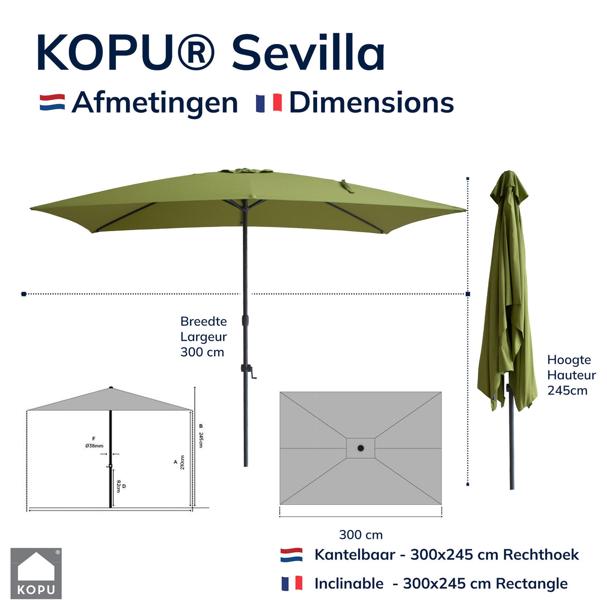 Kopu® Sevilla Parasol Rechthoek 200x300 cm met Hoes - Balkonparasol Olijfgroen