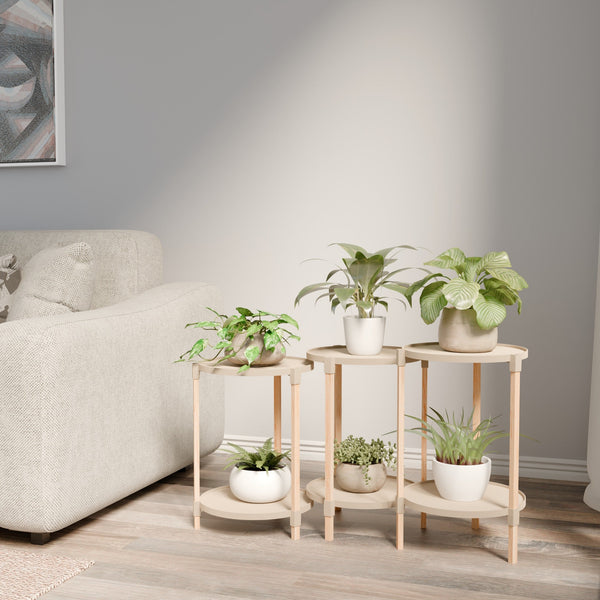 Fixwood 2-Laags Plantenstandaard Set van 3 – Massief Hout & Kunststof – Modern Bloemenrek – Plantenhouder Binnen – Scandinavisch Design – Beige – 2-Tier Plant Stand