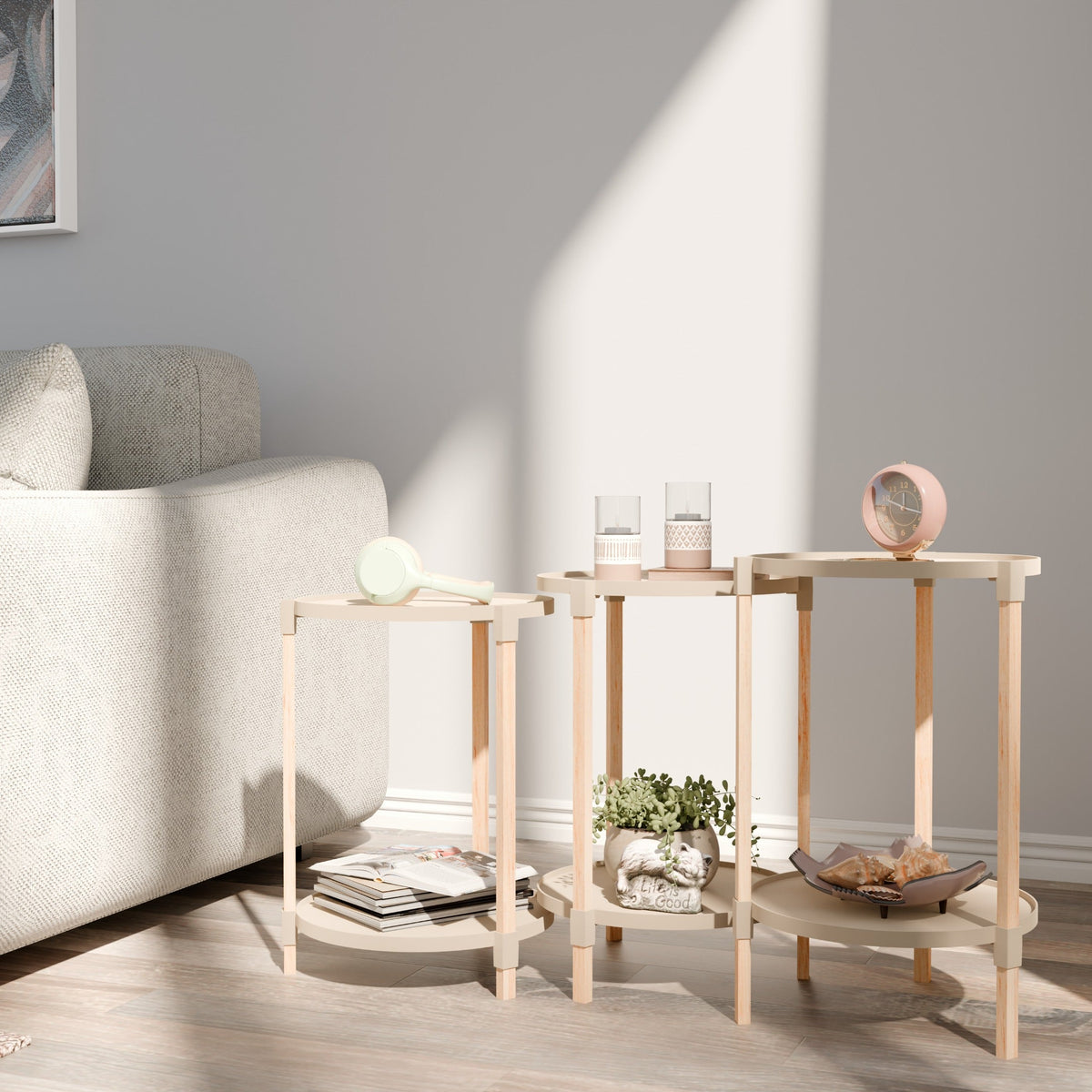 Fixwood 2-Laags Plantenstandaard Set van 3 – Massief Hout & Kunststof – Modern Bloemenrek – Plantenhouder Binnen – Scandinavisch Design – Beige – 2-Tier Plant Stand