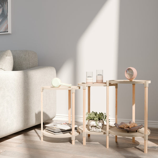 Fixwood 2-Laags Plantenstandaard Set van 3 – Massief Hout & Kunststof – Modern Bloemenrek – Plantenhouder Binnen – Scandinavisch Design – Beige – 2-Tier Plant Stand