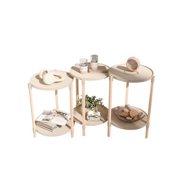 Fixwood 2-Laags Plantenstandaard Set van 3 – Massief Hout & Kunststof – Modern Bloemenrek – Plantenhouder Binnen – Scandinavisch Design – Beige – 2-Tier Plant Stand