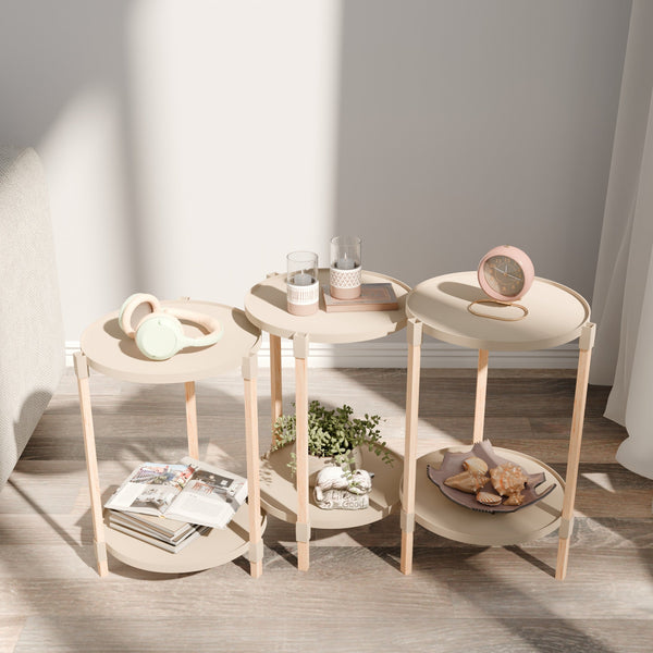 Fixwood 2-Laags Plantenstandaard Set van 3 – Massief Hout & Kunststof – Modern Bloemenrek – Plantenhouder Binnen – Scandinavisch Design – Beige – 2-Tier Plant Stand