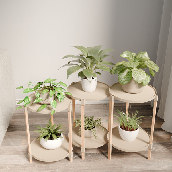 Fixwood 2-Laags Plantenstandaard Set van 3 – Massief Hout & Kunststof – Modern Bloemenrek – Plantenhouder Binnen – Scandinavisch Design – Beige – 2-Tier Plant Stand