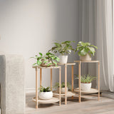 Fixwood 2-Laags Plantenstandaard Set van 3 – Massief Hout & Kunststof – Modern Bloemenrek – Plantenhouder Binnen – Scandinavisch Design – Beige – 2-Tier Plant Stand