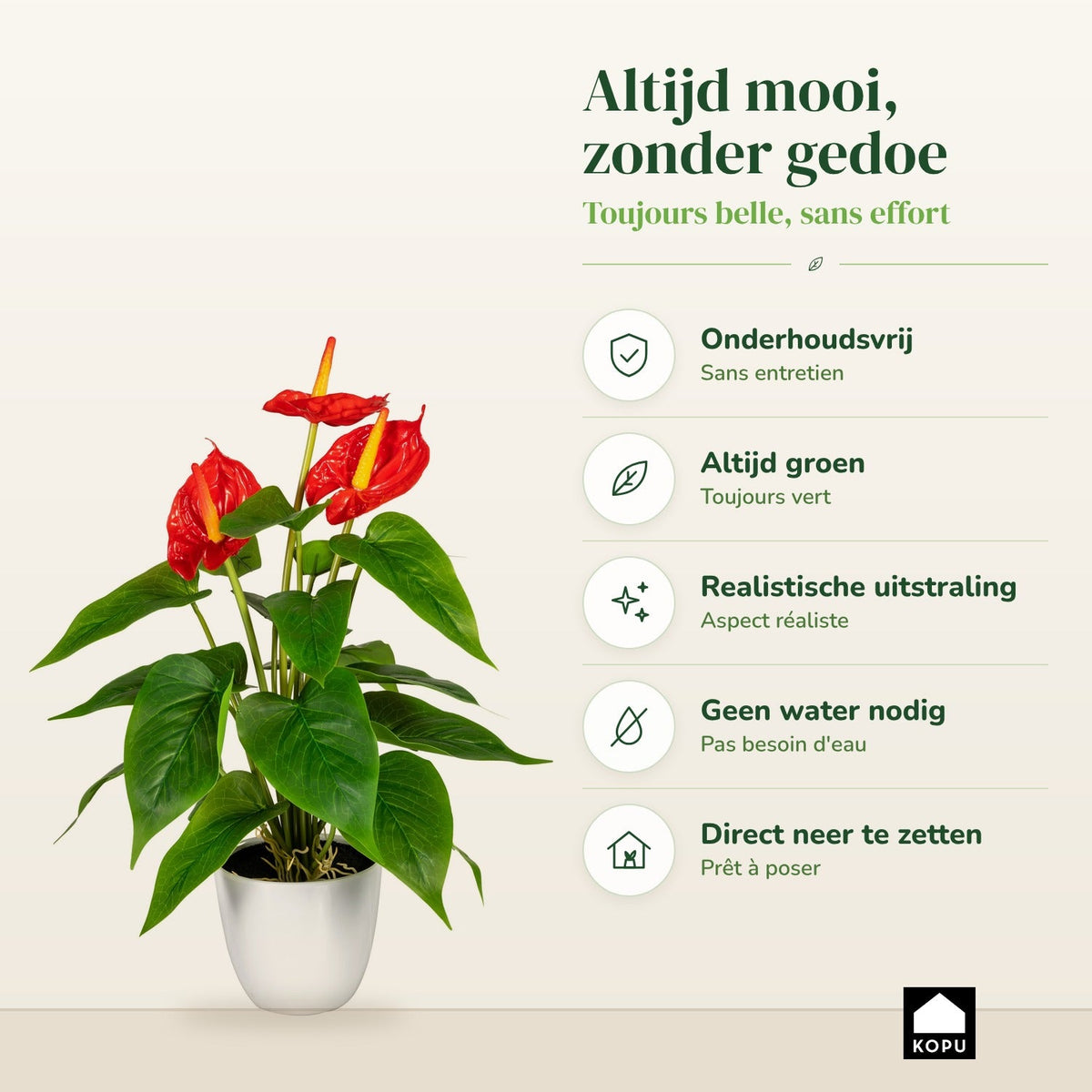Kopu® 2 stuks Anthurium Kunstplant 40 cm - 3 bloemen - Flamingoplant