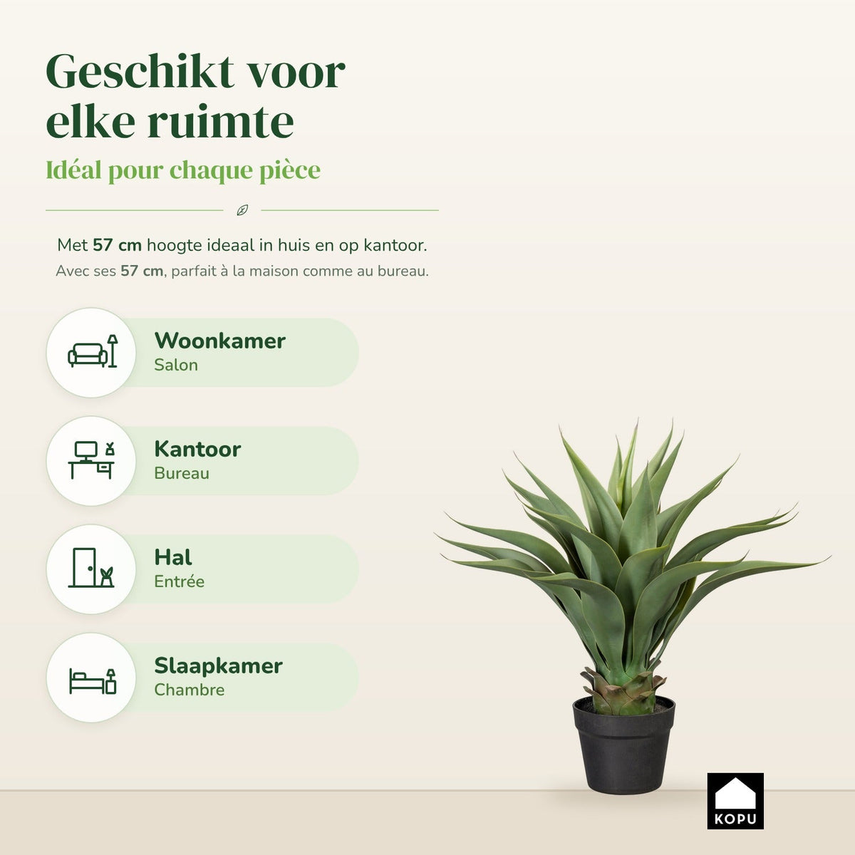 Kopu® Kunstplant Agave 57 cm in zwarte Pot - 25 bladeren - Nepplant