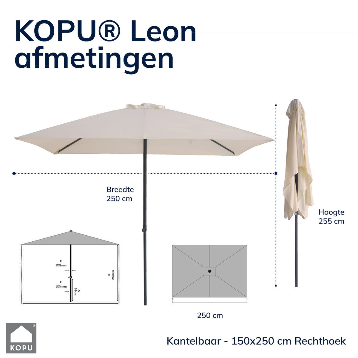 Kopu® Leon Parasol Rechthoek 150x250 cm - Balkonparasol met Hoes - Creme