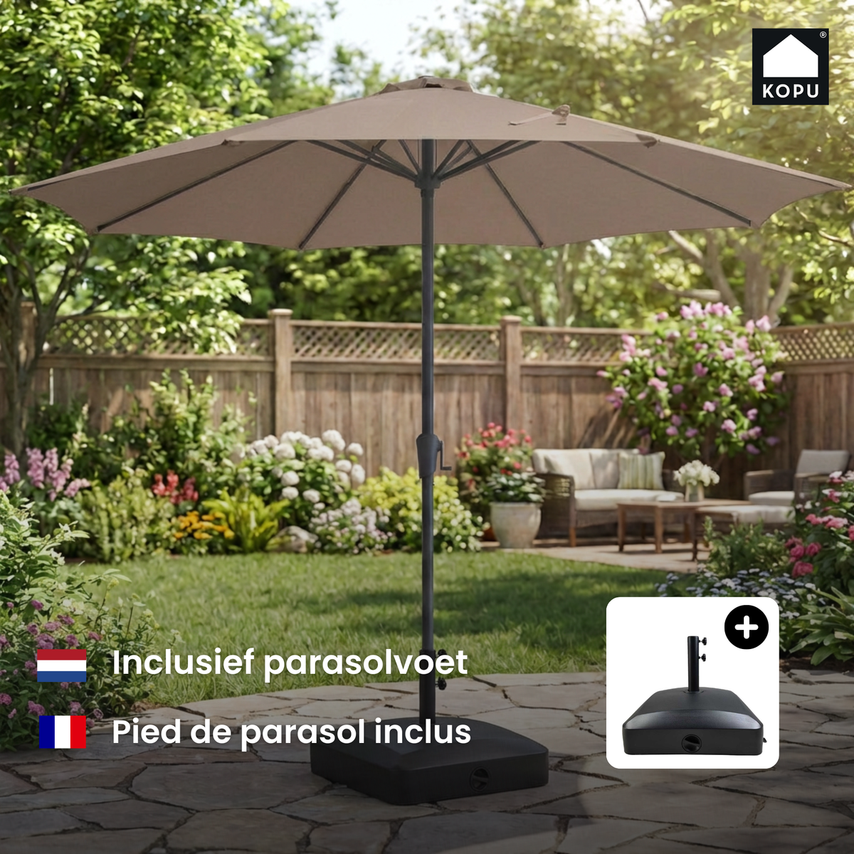 Kopu® Set Madrid 350 cm Grote Parasol Rond met Beschermhoes en Parasolvoet - Taupe