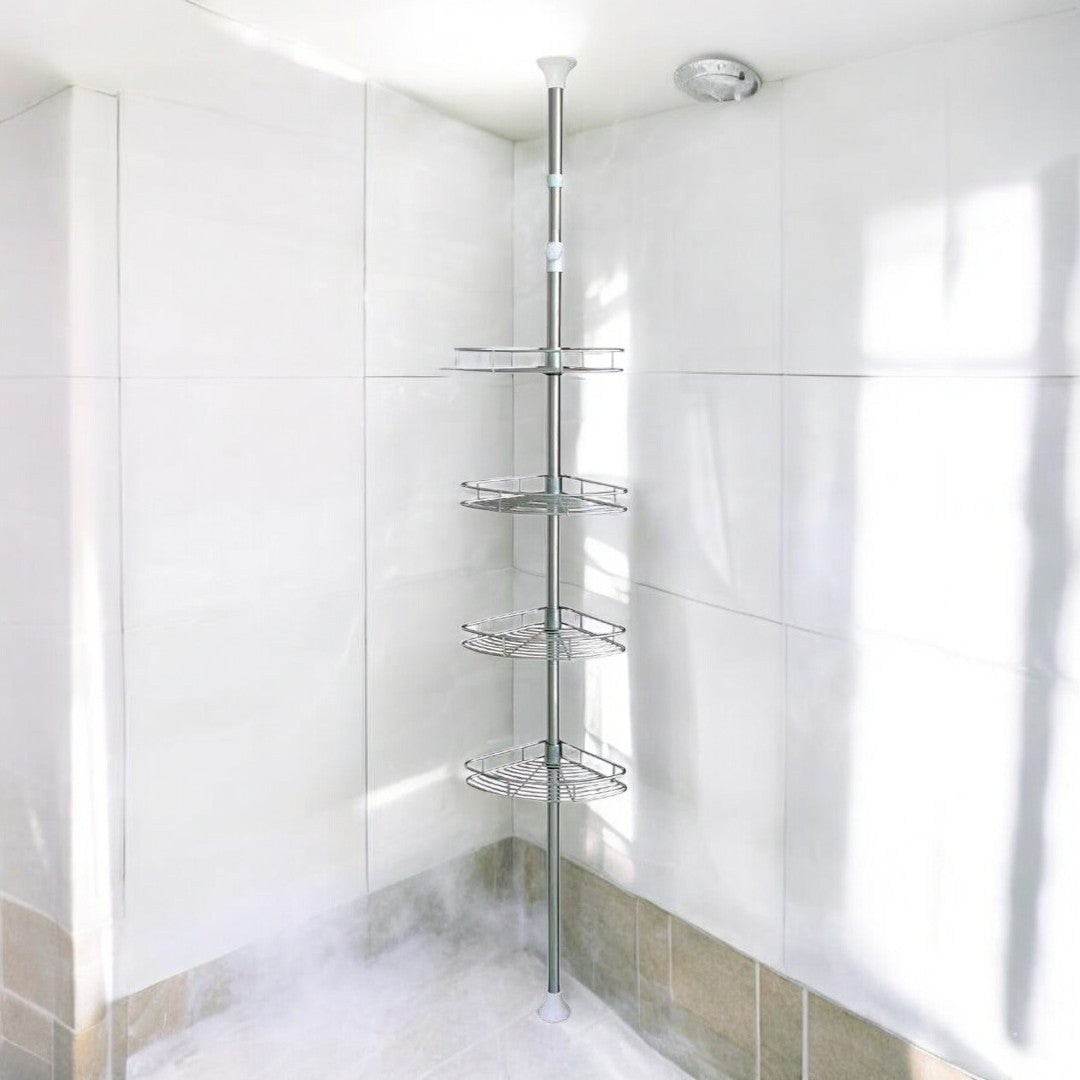 Telescopisch Doucherek - Verstelbaar 70-275 cm - 4 Mandjes - Bevestigen zonder Boren of Schroeven - Hoek Rek voor in de Douche