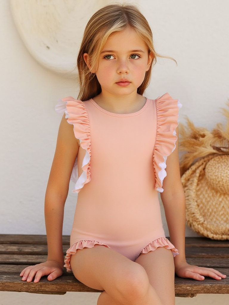 Badpak Korte Mouw Licht Roze met Ruches Meisjes | Maat 1-6 Jaar