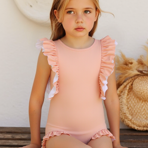 Badpak Korte Mouw Licht Roze met Ruches Meisjes | Maat 1-6 Jaar