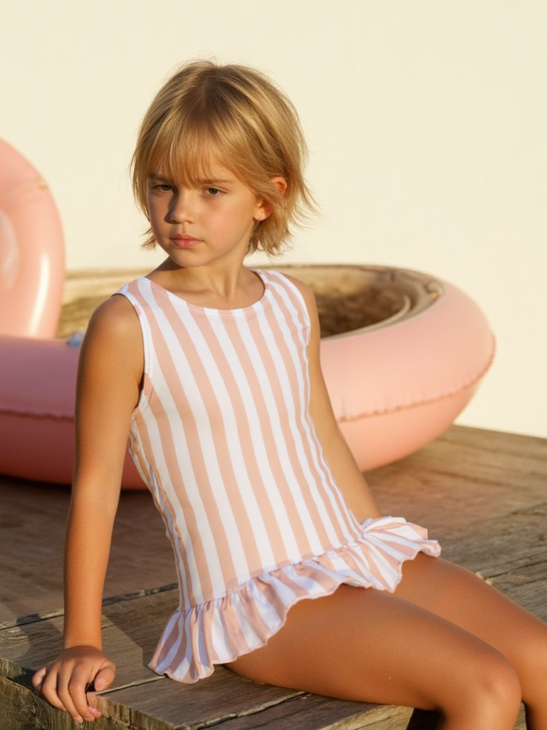 Badpak Gestreept Roze Wit met Ruches Meisjes