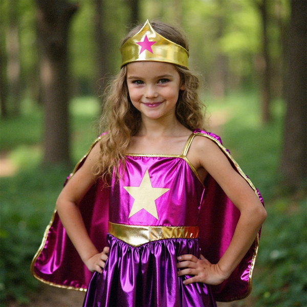 Metallic Superheldin Verkleedjurk met cape en kroon Roze & Paars