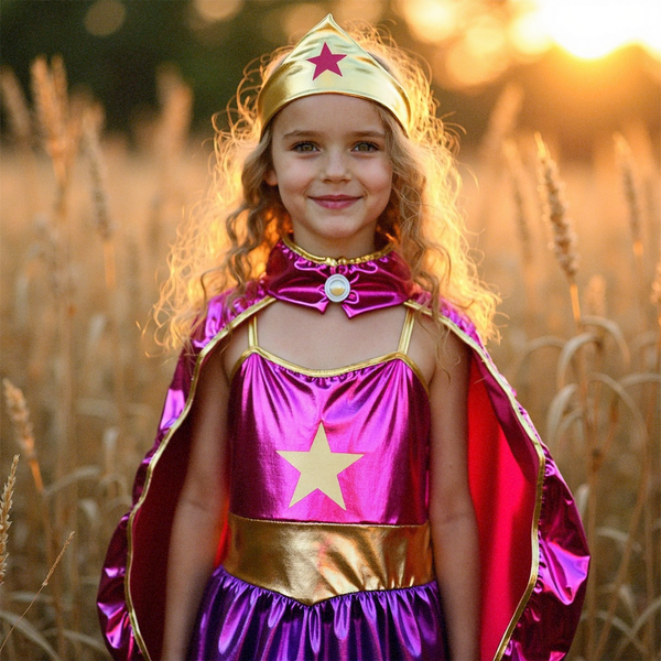 Metallic Superheldin Verkleedjurk met cape en kroon Roze & Paars