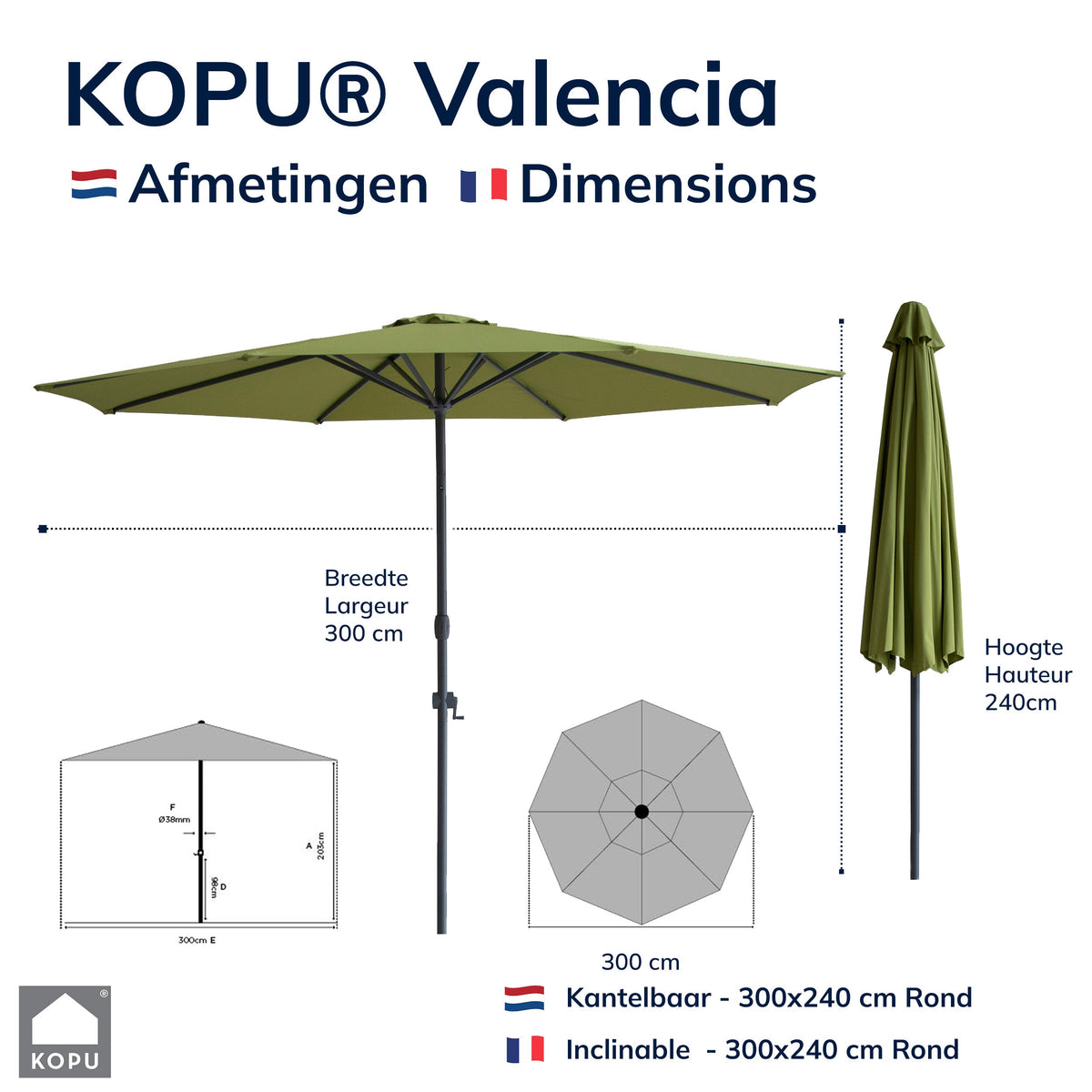 Kopu® Valencia Parasol Rond 300 cm met Beschermhoes - Olijfgroen