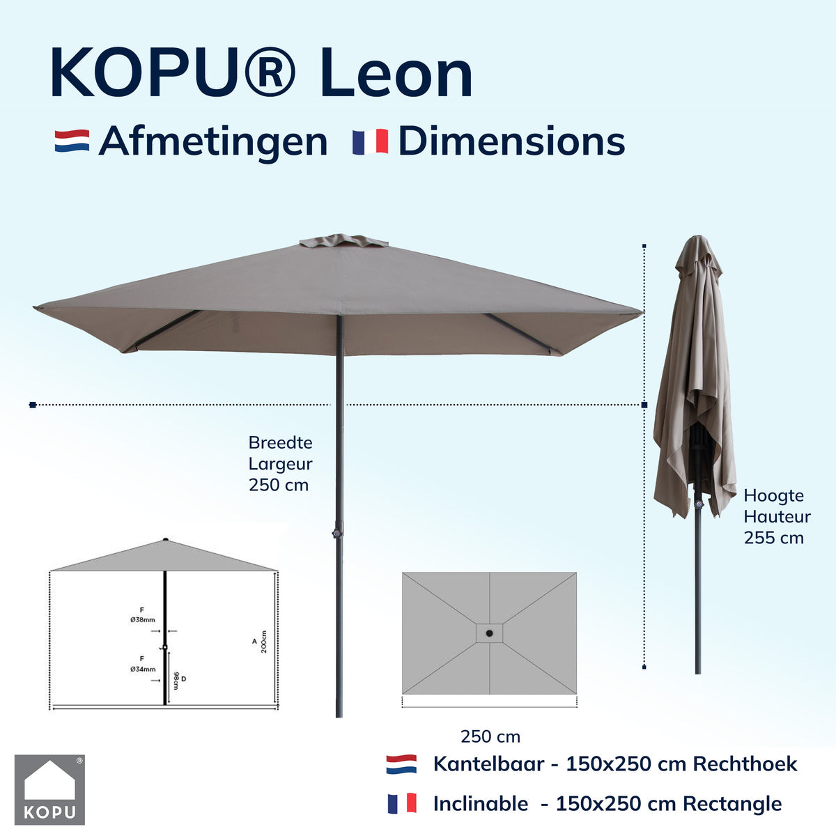 Kopu® Leon Parasol Rechthoek 150x250cm met Hoes - Hoogteverstelbaar - Taupe