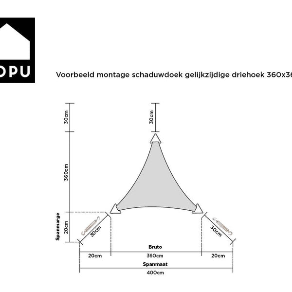 Kopu® Schaduwdoek Driehoek 3,6x3,6x3,6 mtr Waterdicht 230 grams Zand