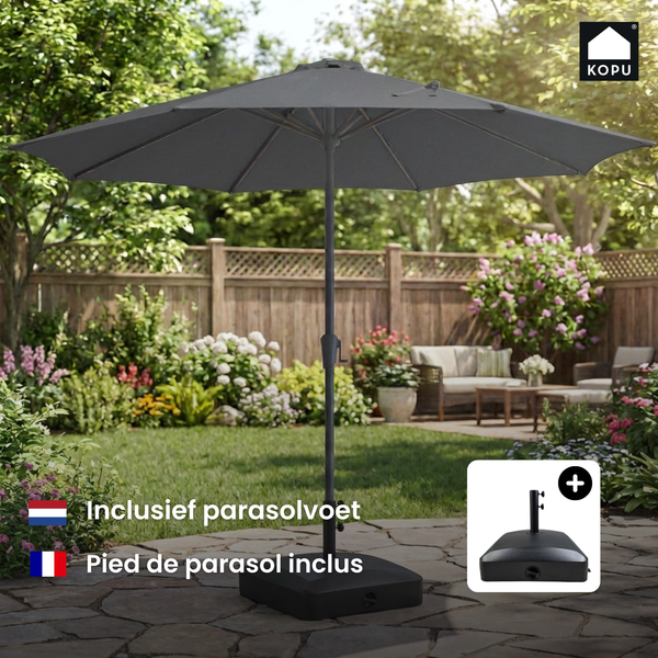 Kopu® Set Madrid 350 cm Grote Parasol Rond met Beschermhoes en Parasolvoet - Grijs
