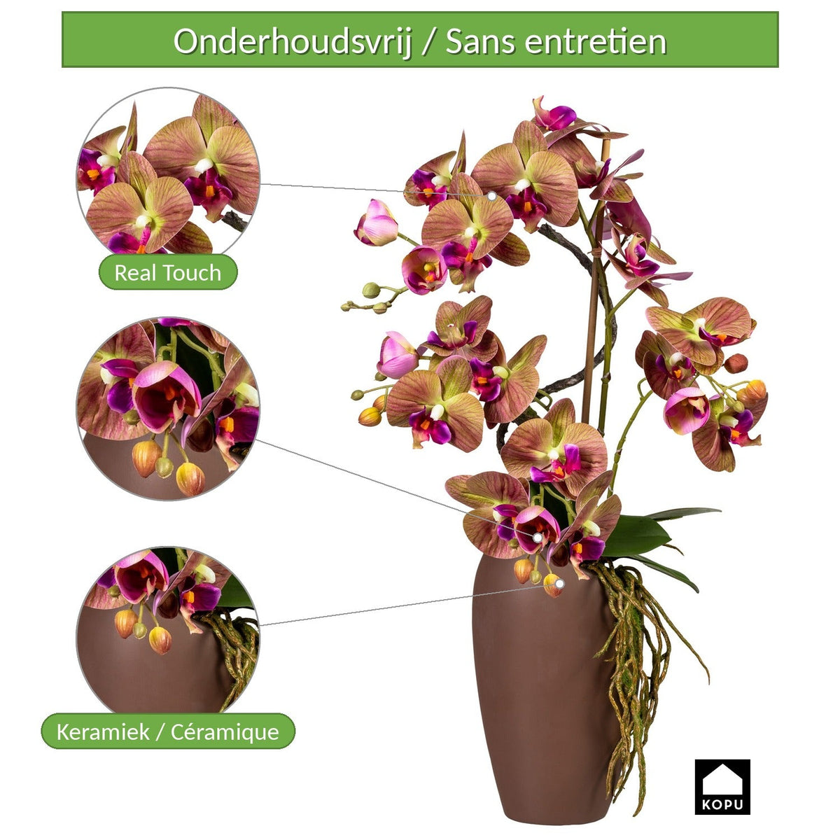Kopu® Kunstbloem Orchidee 70 cm Paars in bruine Vaas - Phalenopsis