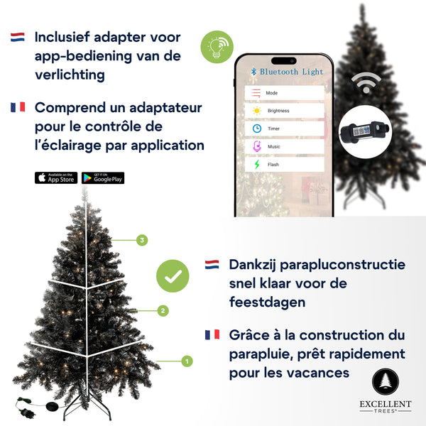 Excellent Trees® Stavanger Black 210 cm Zwarte Kerstboom met Verlichting -  500 LED Lampjes