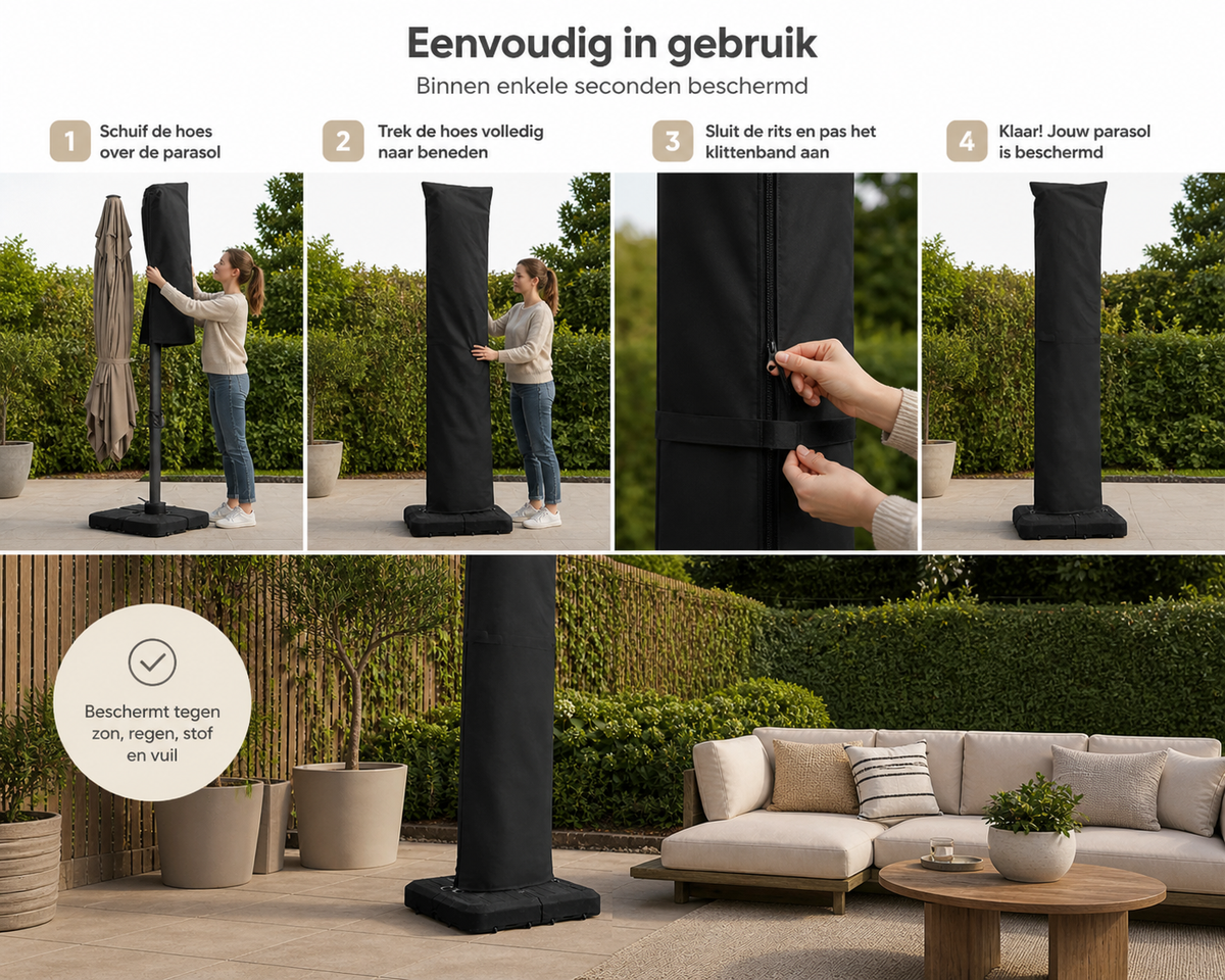 Parasolhoes Zweefparasol Waterafstotend 250 x 55 cm – Parasol Beschermhoes met Rits, Stok & Trekkoord – UV-bestendige Hoes voor Staande en Zweefparasol – Weerbestendige Tuinmeubel Bescherming Zwart