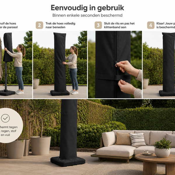 Parasolhoes Zweefparasol Waterafstotend 250 x 55 cm – Parasol Beschermhoes met Rits, Stok & Trekkoord – UV-bestendige Hoes voor Staande en Zweefparasol – Weerbestendige Tuinmeubel Bescherming Zwart