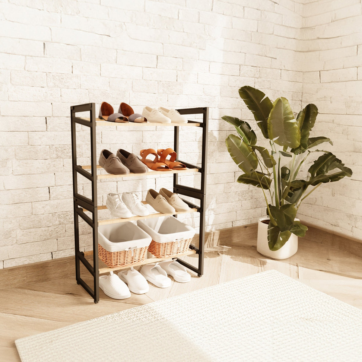FixWood Houten Schoenenrek – 2-in-1 Stapelbaar Schoenenrek – 2 of 4 Lagen – Compact, Duurzaam en Stijlvol – Zwart/Hout – 65x26x52 cm