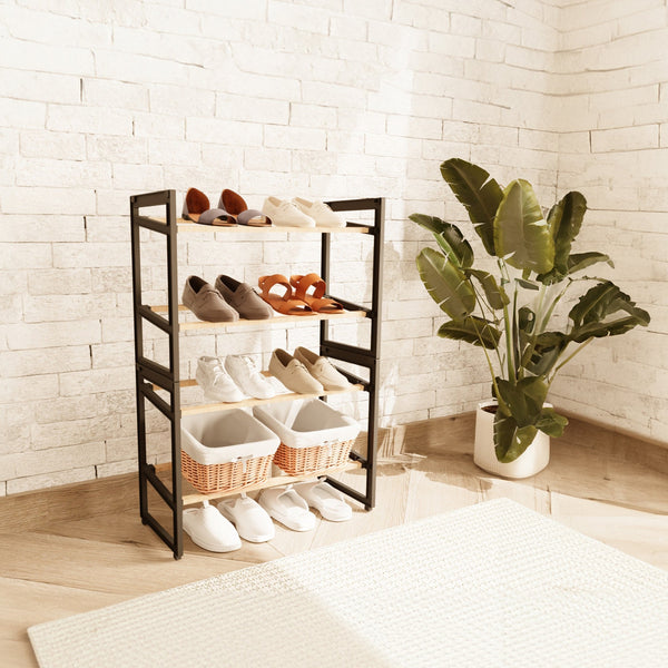 FixWood Houten Schoenenrek – 2-in-1 Stapelbaar Schoenenrek – 2 of 4 Lagen – Compact, Duurzaam en Stijlvol – Zwart/Hout – 65x26x52 cm