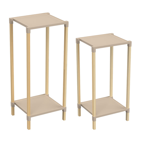 FixWood 2-Tier Plantenstandaard – Set van 2 Bloemenrekken – Houten Bloemenstandaard voor Binnen & Buiten – Decoratieve Plantentafel – 50 & 60 cm Hoog – Beige-Natuur