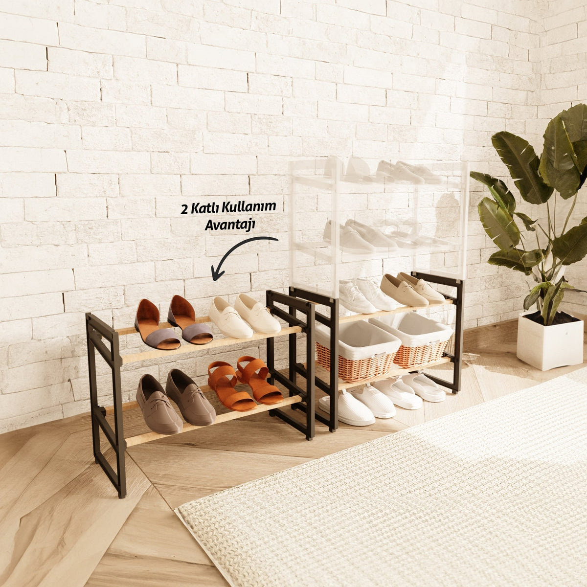 FixWood Houten Schoenenrek – 2-in-1 Stapelbaar Schoenenrek – 2 of 4 Lagen – Compact, Duurzaam en Stijlvol – Zwart/Hout – 65x26x52 cm