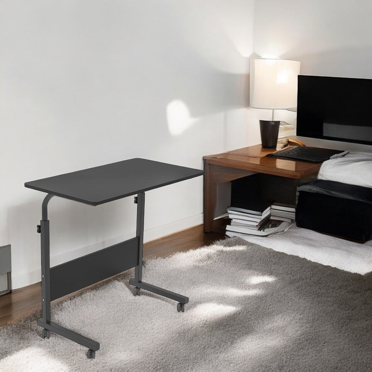 Laptoptafel op Wieltjes - Zwart - 80 cm x 40 cm - In Hoogte Verstelbaar - Bedtafeltje met Wielen - Ontbijttafel