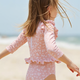 Badpak Lange Mouw Oud Roze met Bloemen print met Ruches Meisjes