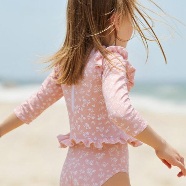 Badpak Lange Mouw Oud Roze met Bloemen print met Ruches Meisjes