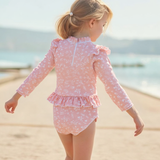 Badpak Lange Mouw Oud Roze met Bloemen print met Ruches Meisjes