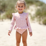 Badpak Lange Mouw Oud Roze met Bloemen print met Ruches Meisjes