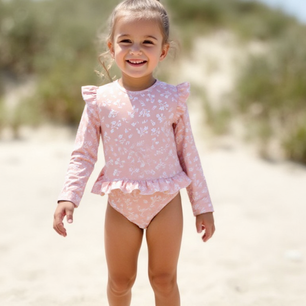Badpak Lange Mouw Oud Roze met Bloemen print met Ruches Meisjes