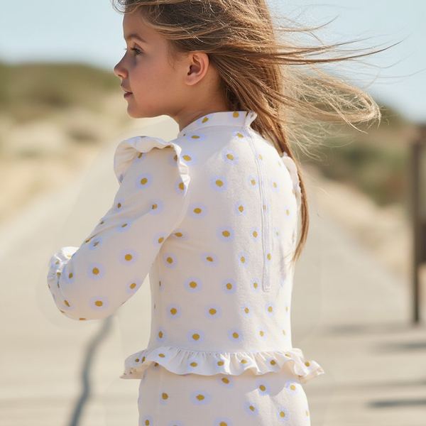 Badpak Lange Mouw Gebroken Wit met Bloemen print met Ruches Meisjes