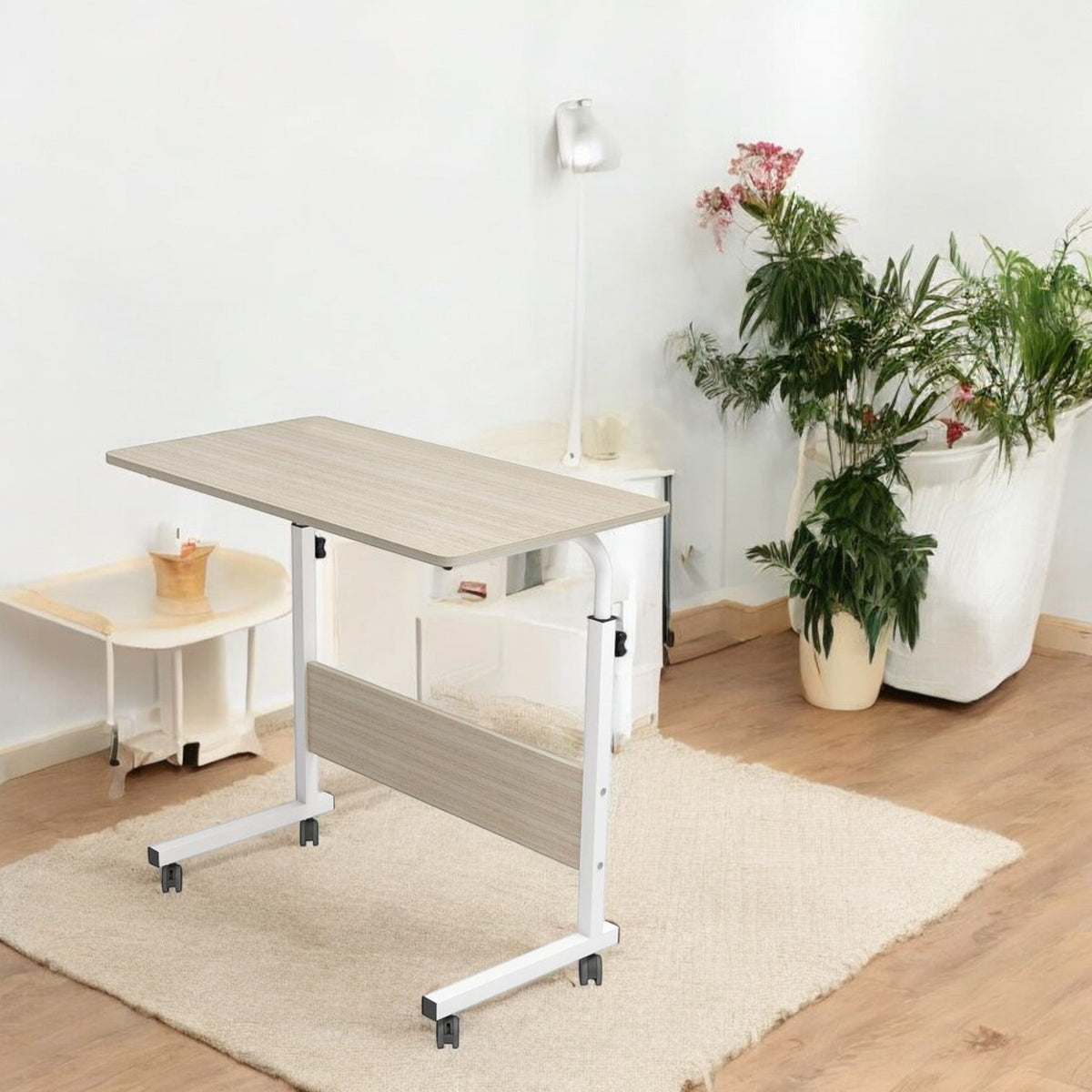 Laptoptafel op Wieltjes - Wit - 80 cm x 40 cm - In Hoogte Verstelbaar - Bedtafeltje met Wielen - Ontbijttafel
