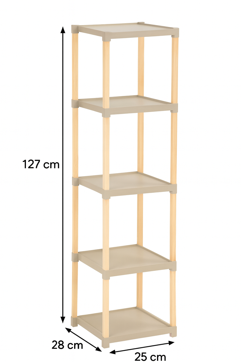 FixWood Houten Modulaire Opbergrek – Massief Hout & Kunststof – Badkamerrek, Keukenrek of Plantenrek – 127 cm Hoog – Beige-Naturel